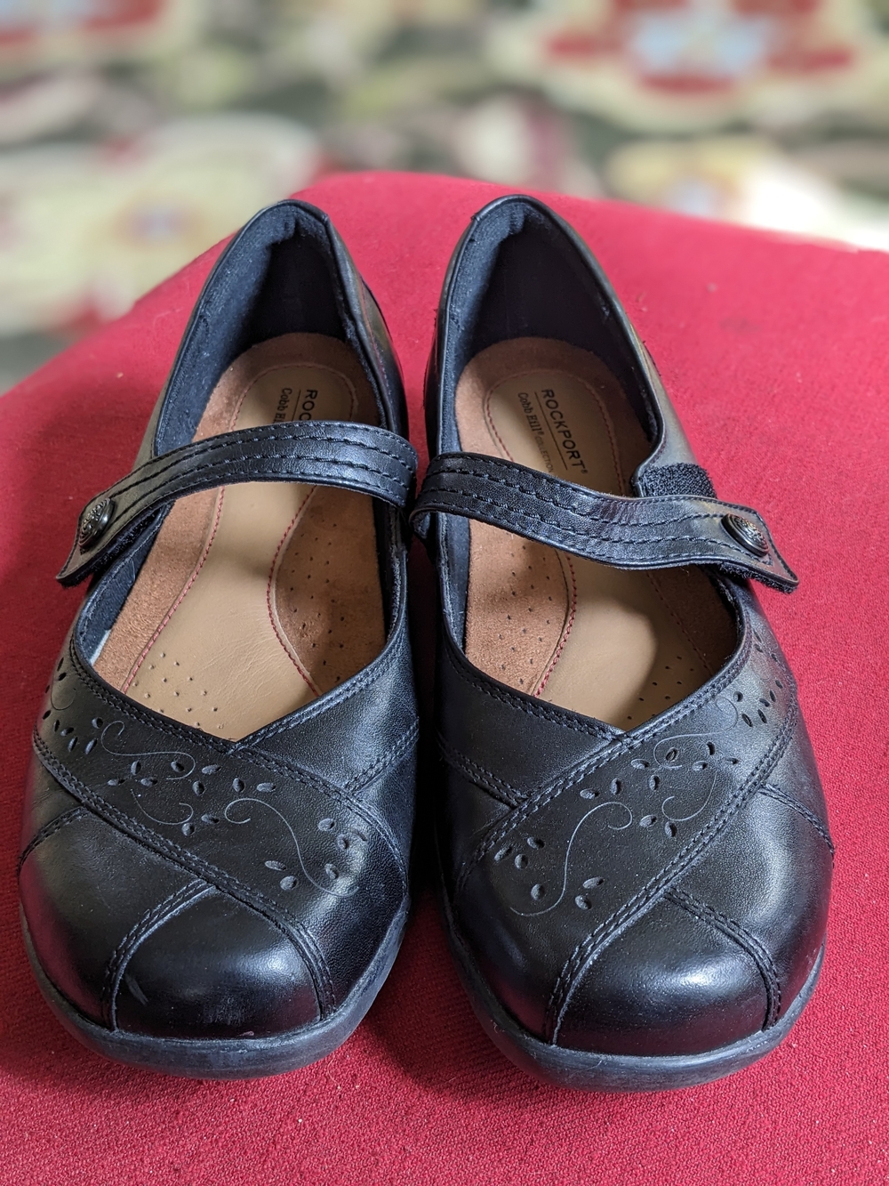 Rockport Black Mary Jane Flats with Decorative Perforation